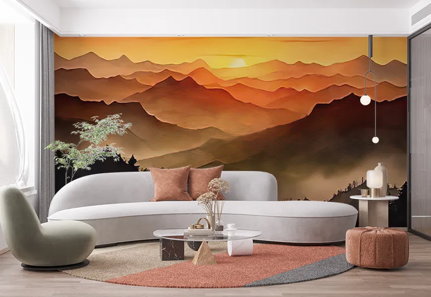 پوستر دیواری سه بعدی طرح نقاشی آبرنگ غروب خورشید درکوهستان