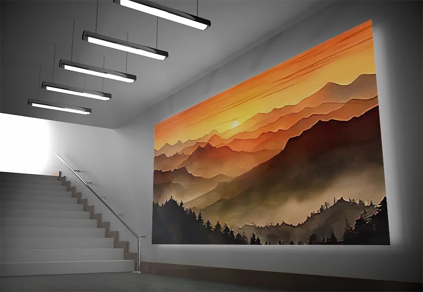 پوستر دیواری سه بعدی طرح نقاشی آبرنگ غروب خورشید درکوهستان