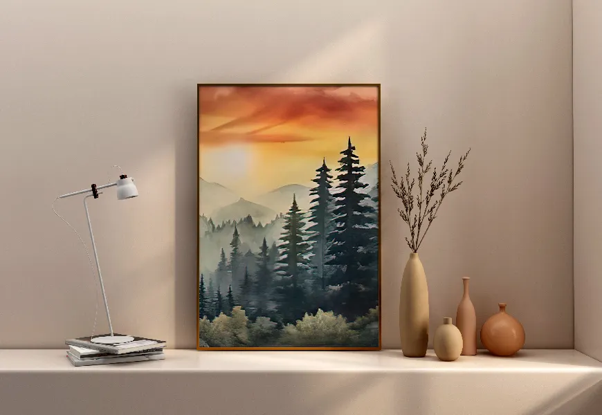 کاغذ دیواری نقاشی نمای غروب از پشت کوهها و درختان جنگل