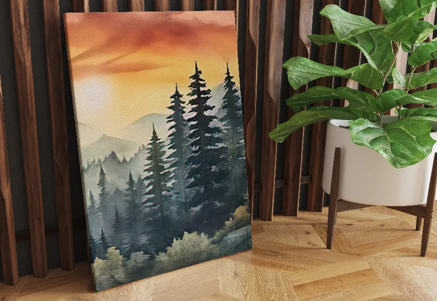 کاغذ دیواری نقاشی نمای غروب از پشت کوهها و درختان جنگل
