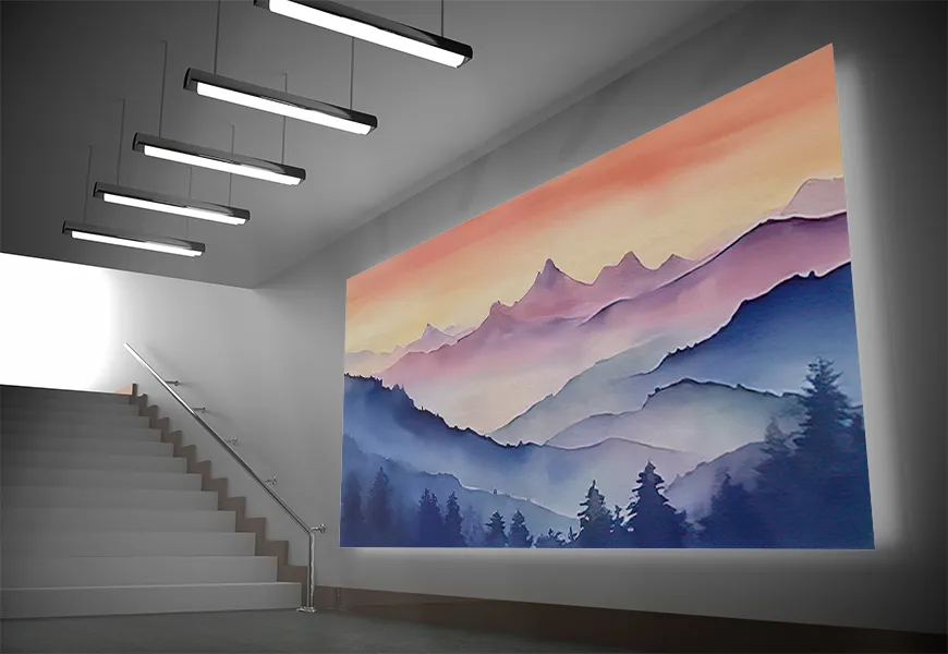 کاغذ دیواری 3 بعدی نقاشی آبرنگ طرح کوهستان