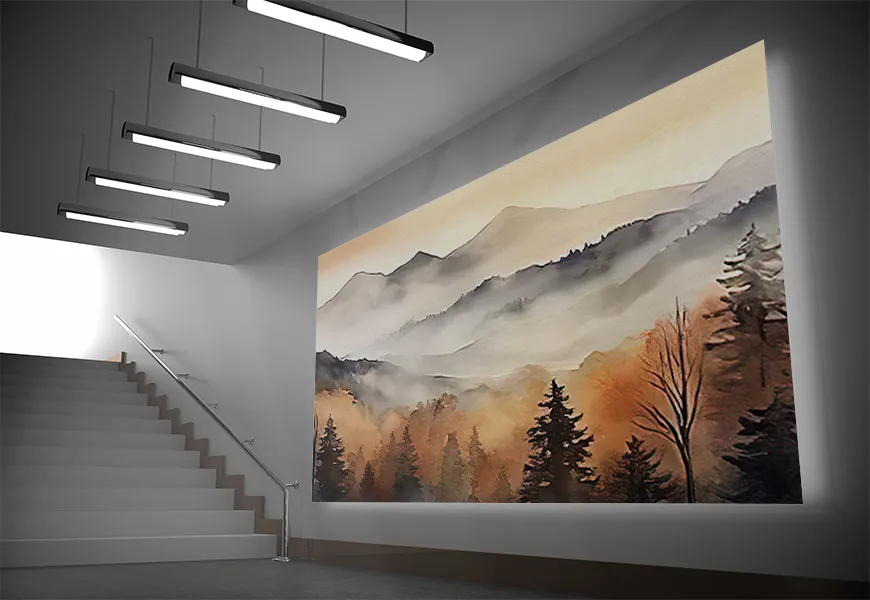 پوستر دیواری نقاشی آبرنگ طرح کوه و جنگل