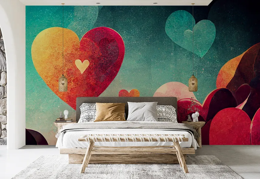 پوستر نقاشی عاشقانه طرح بالون های قلبی