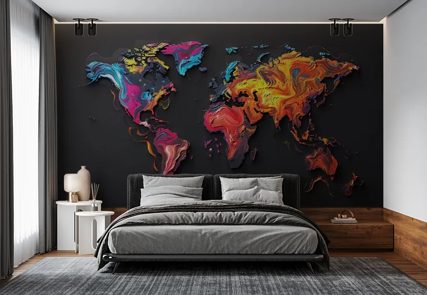 پوستر 3 بعدی اتاق خواب طرح نقشه جهان زمینه مشکی