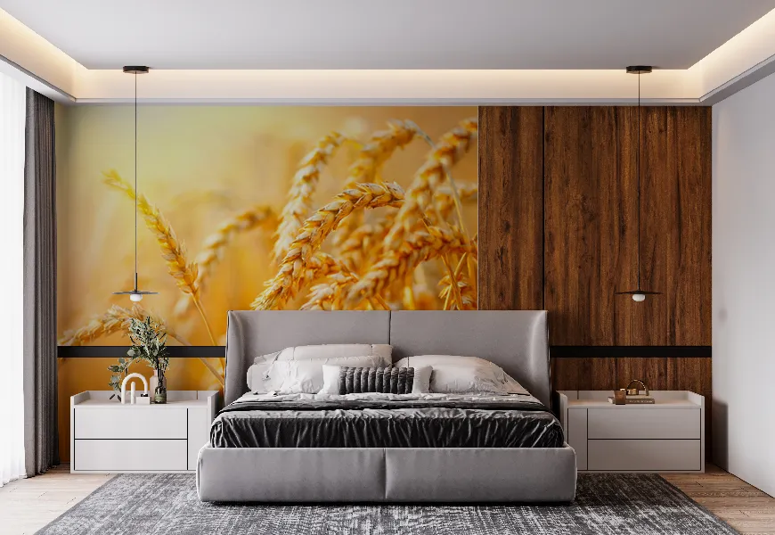کاغذ دیواری 3 بعدی طرح خوشه های طلایی گندم زار