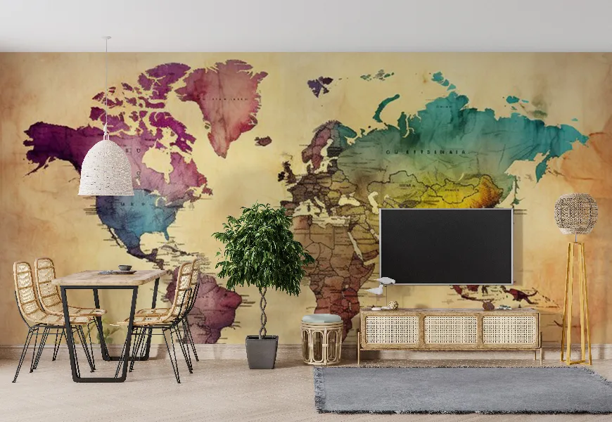 کاغذ دیواری 3 بعدی طرح نقشه جهان زمینه زرد