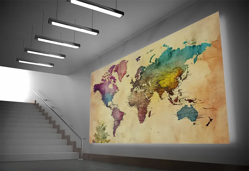 کاغذ دیواری 3 بعدی طرح نقشه جهان زمینه زرد
