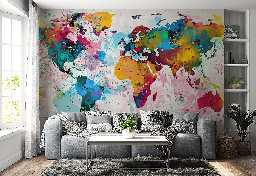 کاغذ دیواری طرح آبرنگی نقشه جهان