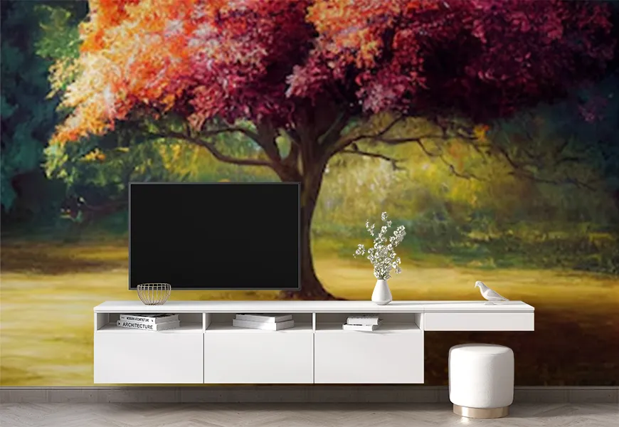 کاغذ دیواری سه بعدی طرح درخت پاییزی تنومند زیبا