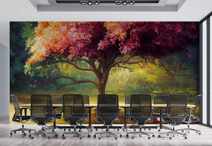 کاغذ دیواری سه بعدی طرح درخت پاییزی تنومند زیبا