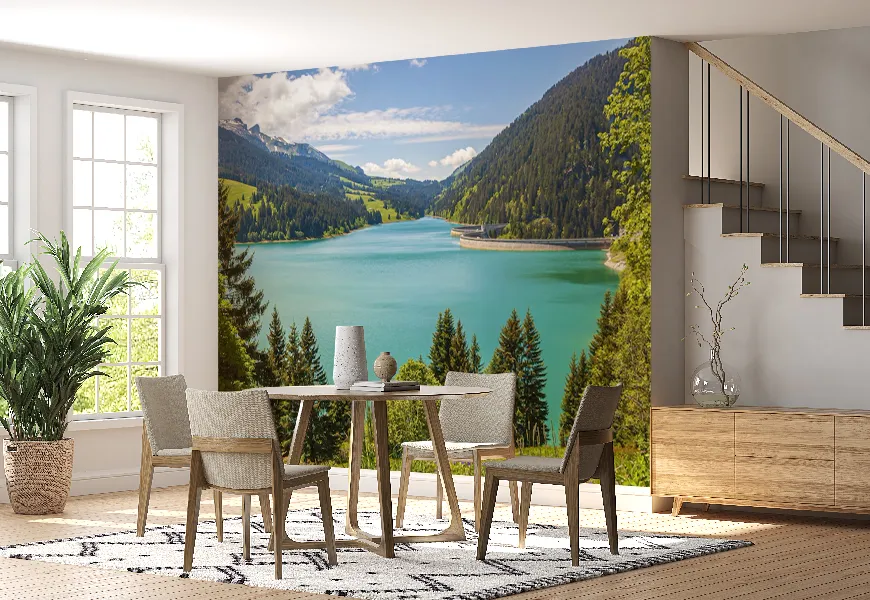 پوستر طرح منظره زیبای دریاچه سد لانگرین سوئیس احاطه شده توسط کوهها