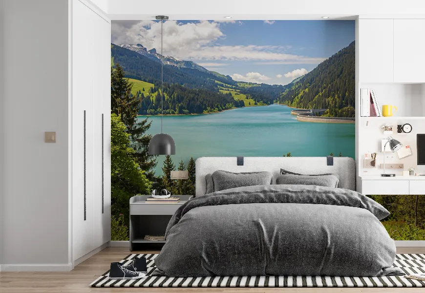 پوستر طرح منظره زیبای دریاچه سد لانگرین سوئیس احاطه شده توسط کوهها