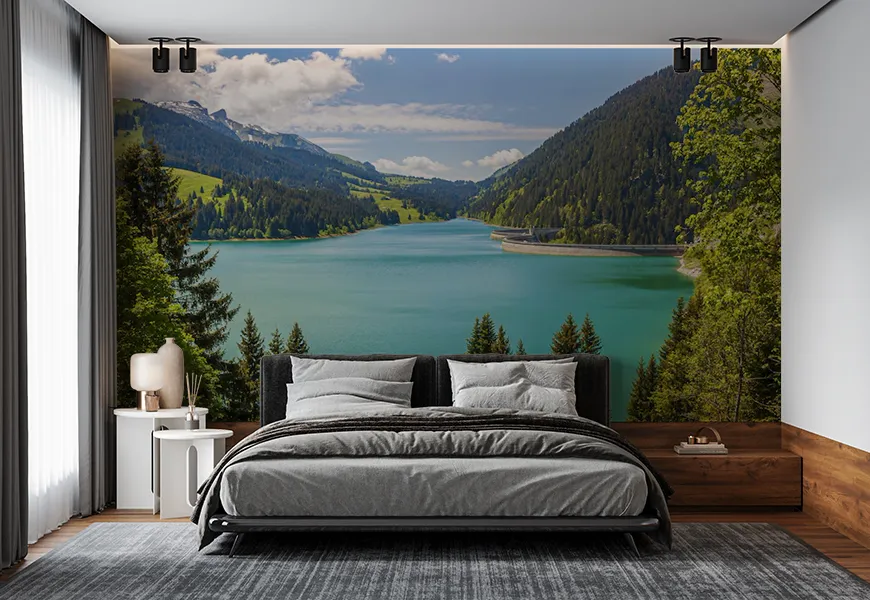 پوستر اتاق خواب طرح منظره زیبای دریاچه سد لانگرین سوئیس احاطه شده توسط کوهها