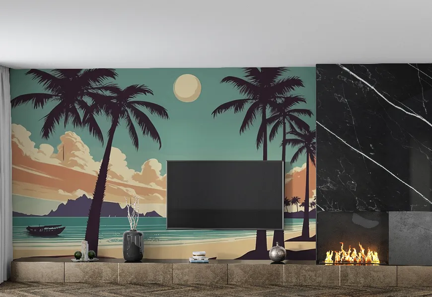 پوستر 3 بعدی نقاشی طرح غروب زیبای خورشید ساحل دریای استوایی