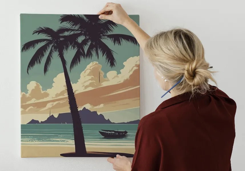 پوستر 3 بعدی نقاشی طرح غروب زیبای خورشید ساحل دریای استوایی