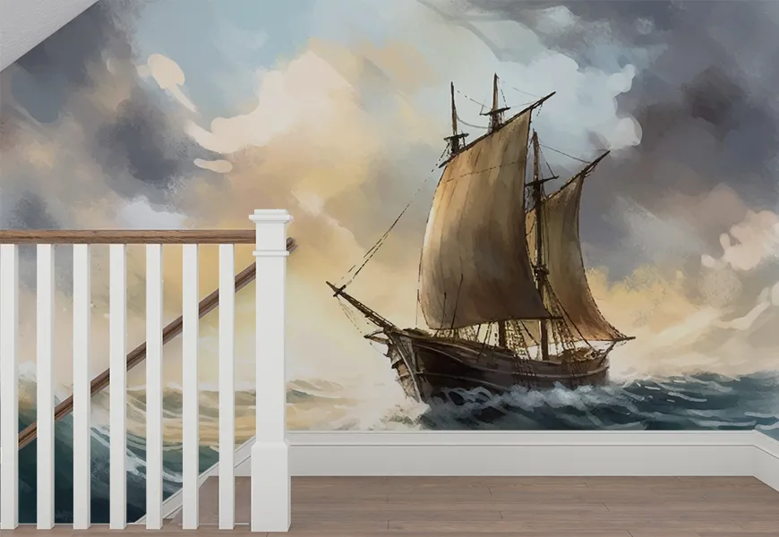 پوستر نقاشی طرح قایق بادبانی قدیمی در طوفان