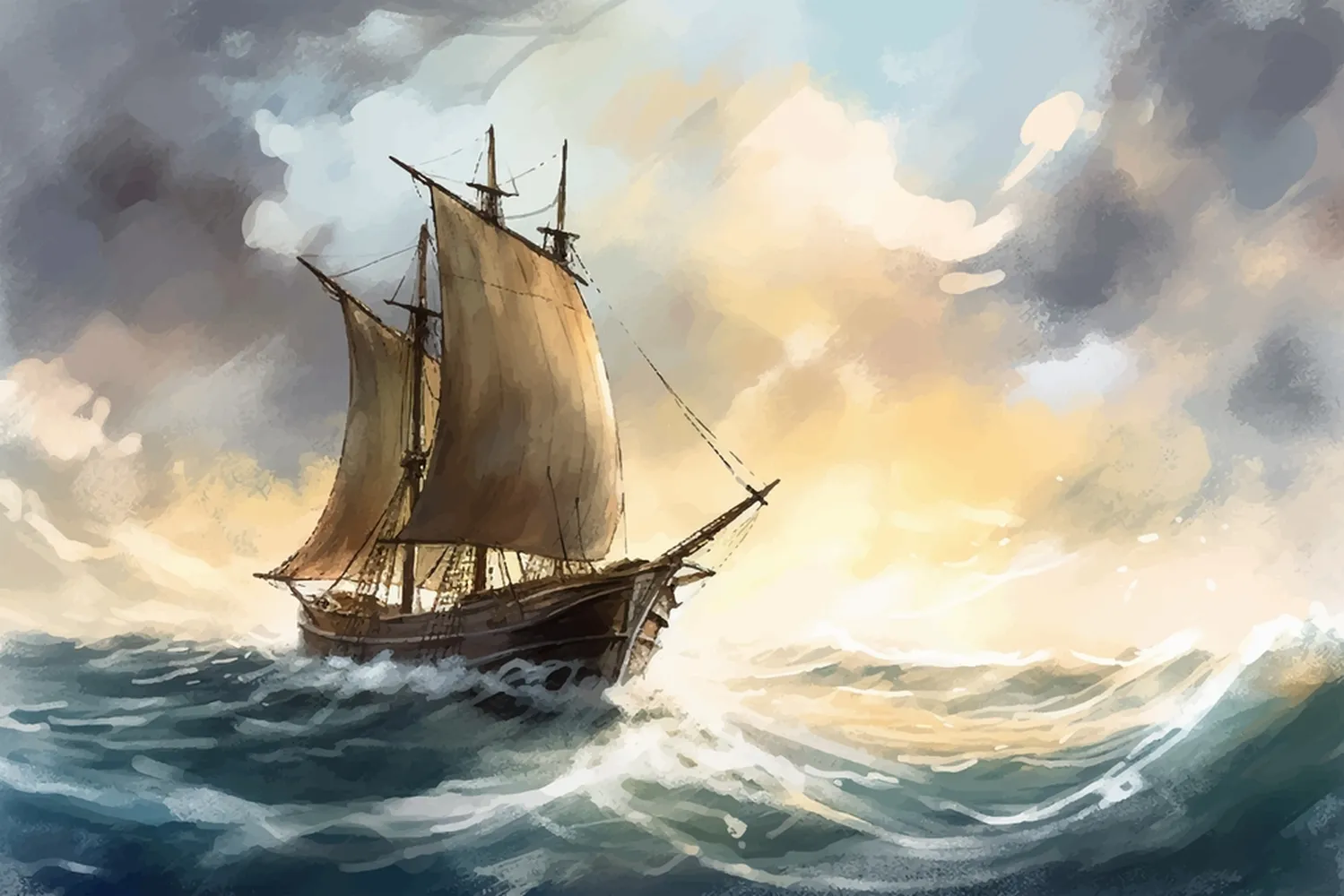 پوستر نقاشی طرح قایق بادبانی قدیمی در طوفان