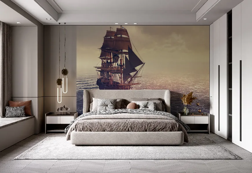 پوستر اتاق خواب کشتی دزدان دریایی در حال حرکت در غروب اقیانوس