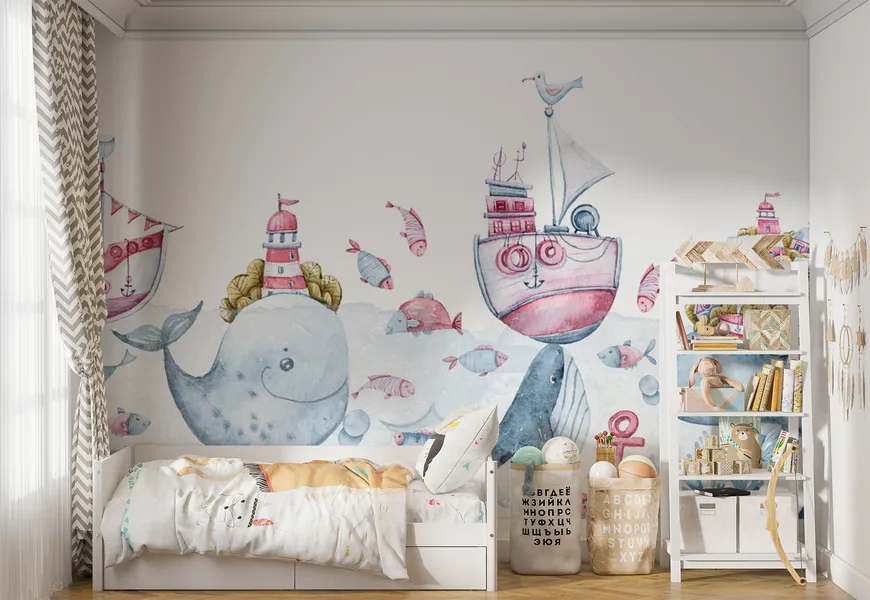 پوستر کارتونی طرح دریا نهنگ و کشتی