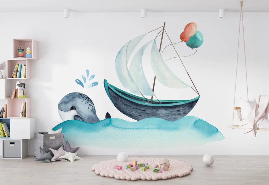 پوستر نقاشی طرح کشتی بادبانی و دلفین