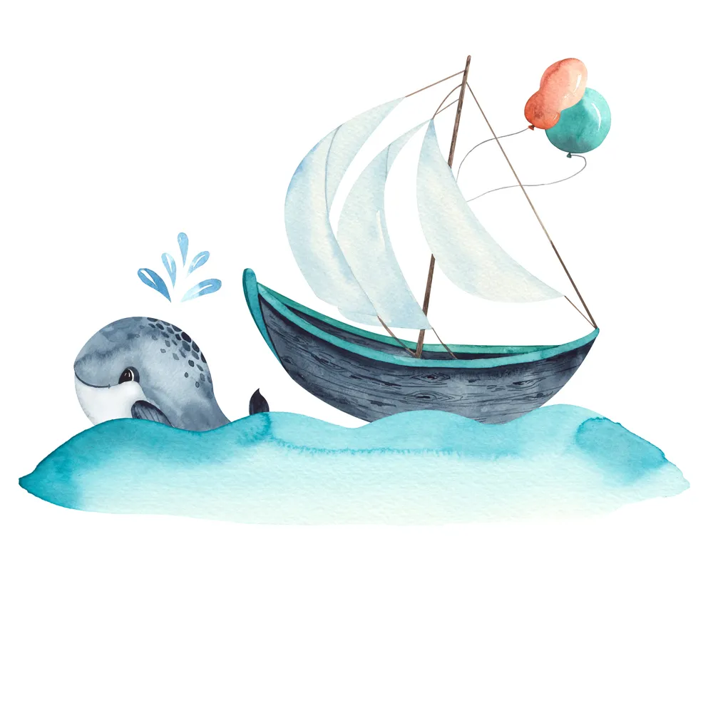 پوستر نقاشی طرح کشتی بادبانی و دلفین