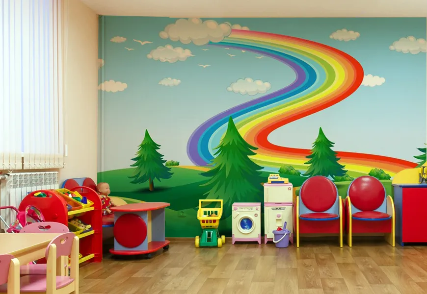 کاغذ دیواری 3 بعدی مهد کودک طرح کودکانه طبیعت و آسمان