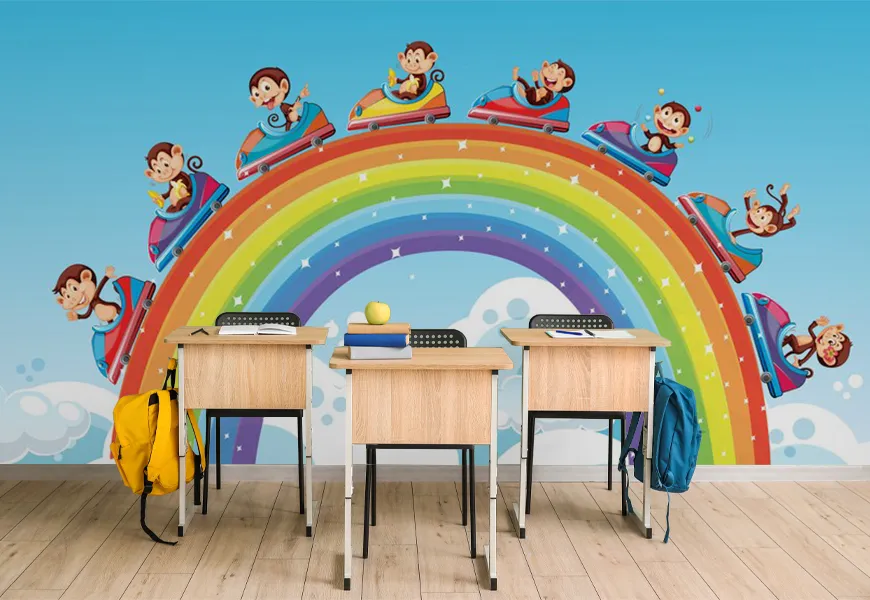 پوستر مدرسه طرح میمون های شاد سوار قطار روی رنگین کمان