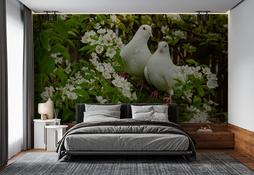 پوستر سه بعدی طرح دو کبوتر عاشق سفید در میان شکوفه ها