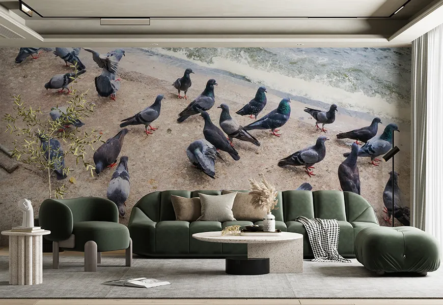 کاغذ دیواری طرح دسته کبوتران در حال دانه خوردن لب دریا