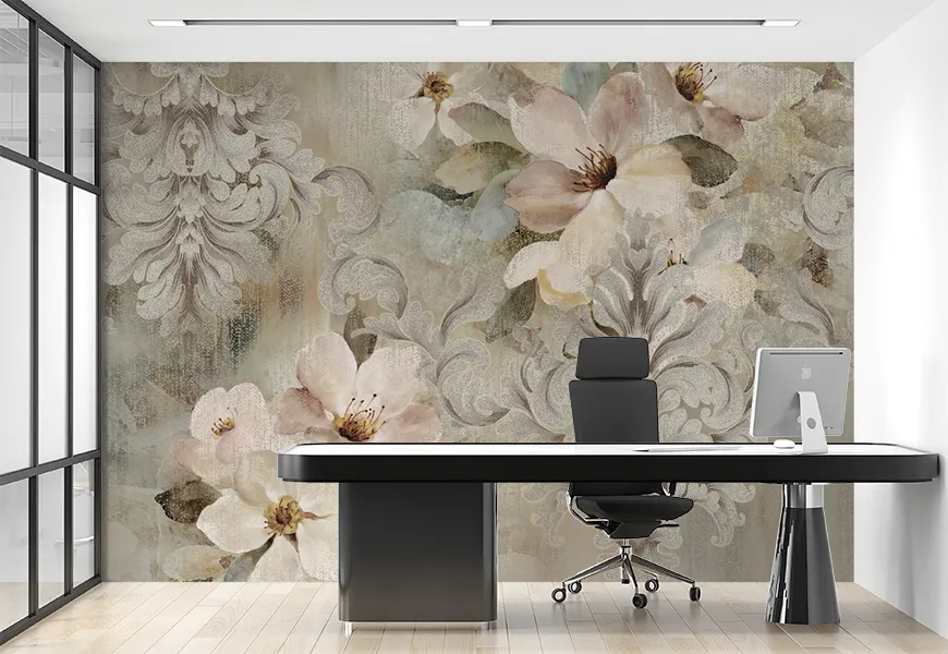 پوستر دیواری سه بعدی کلاسیک طرح گل با زمینه پتینه