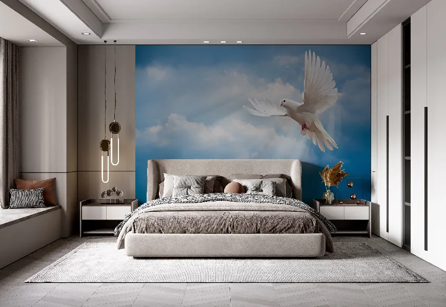 پوستر دیواری طرح پرواز کبوتر سفید زیبا