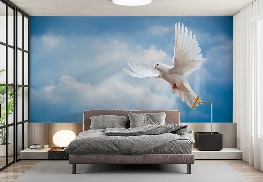 پوستر دیواری طرح پرواز کبوتر سفید زیبا