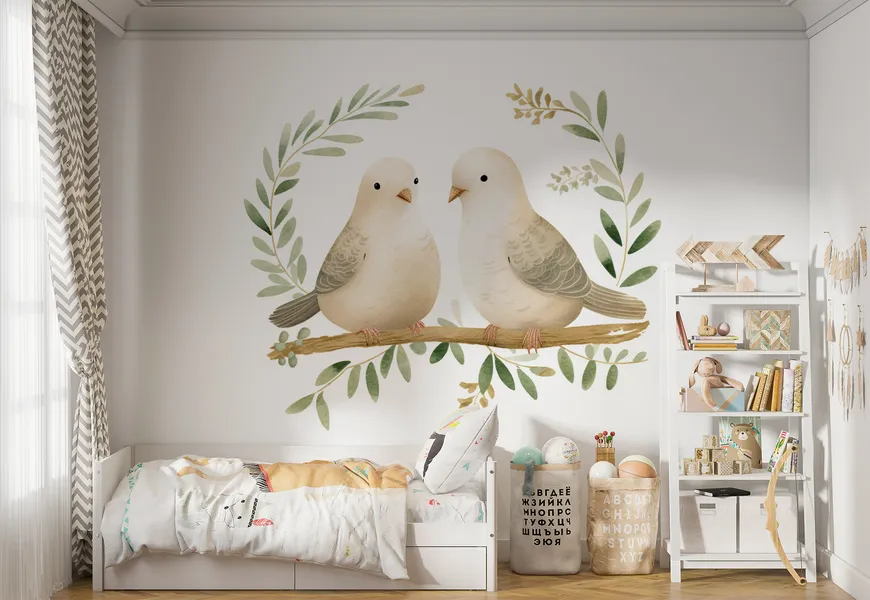 کاغذ دیواری سه بعدی نقاشی طرح زوج کبوتر روی شاخه