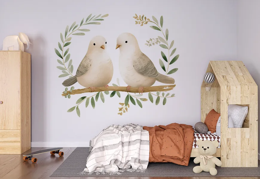 کاغذ دیواری سه بعدی نقاشی طرح زوج کبوتر روی شاخه