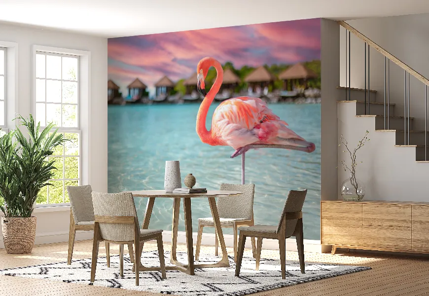 پوستر 3 بعدی طرح کلوز آپ فلامینگو در دریای جزیره رنسانس