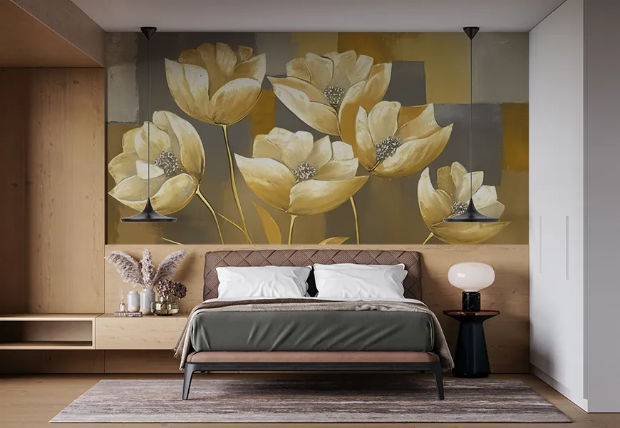 پوستر دیواری لاکچری اتاق خواب طرح گل طلایی با زمینه هنری