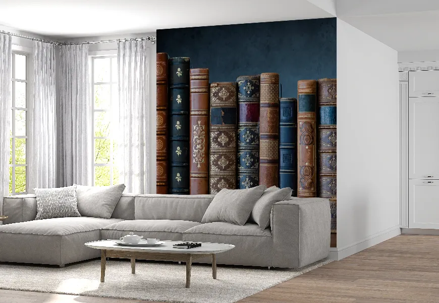 کاغذ دیواری طرح کتاب های قدیمی روی قفسه های چوبی کاشی کاری شده