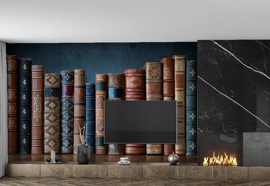 کاغذ دیواری طرح کتاب های قدیمی روی قفسه های چوبی کاشی کاری شده