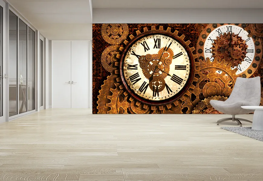 کاغذ دیواری سه بعدی طرح چرخ دنده ساعت زنگ زده