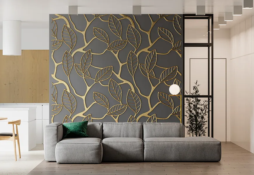 پوستر دیواری مدرن طرح برگ استوایی با خط طلایی