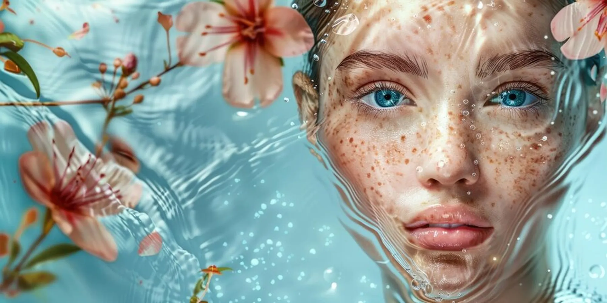 پوستر کلوز آپ دختر زیبا در حال پاشیدن آب گل های سفید