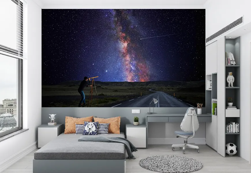پوستر دیواری سه بعدی طرح جهان نگر با تلسکوپ