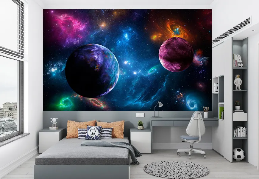 پوستر طرح منظره فضایی پانوراما با سیارات ستارگان کهکشانها