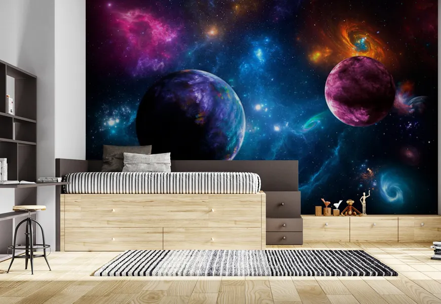 پوستر طرح منظره فضایی پانوراما با سیارات ستارگان کهکشانها