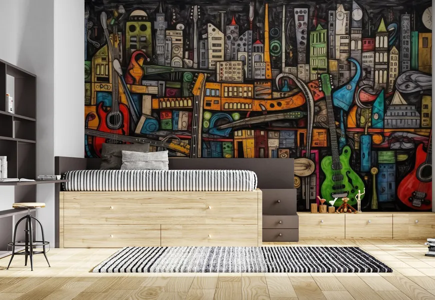 کاغذ دیواری سه بعدی اسپرت طرح نقاشی شهر با ساختمان و گیتار