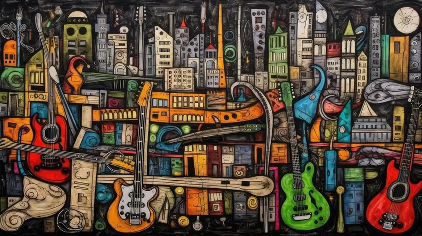 کاغذ دیواری سه بعدی اسپرت طرح نقاشی شهر با ساختمان و گیتار