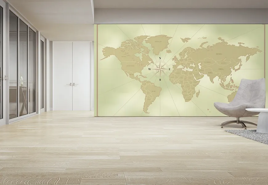 کاغذ دیواری سه بعدی طرح نقشه جهان براساس قطب نما