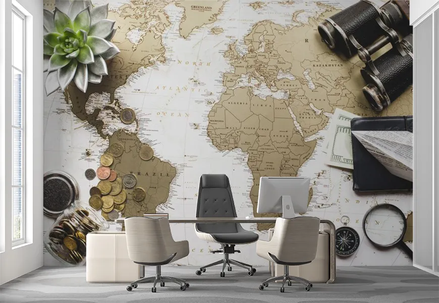 کاغذ دیواری سه بعدی طرح نقشه جهان همراه ابزار سفر