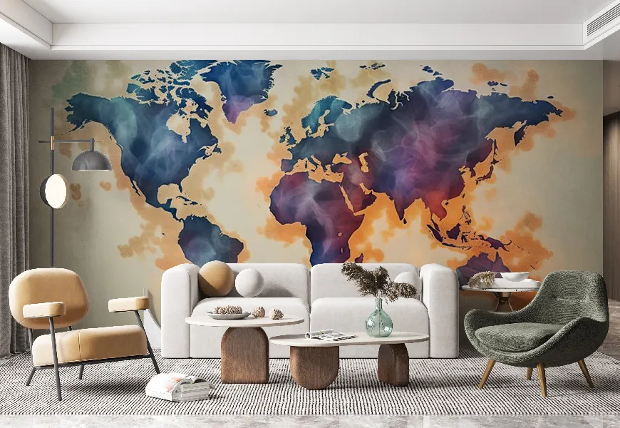 پوستر دیواری سه بعدی طرح نقشه جهان با پس زمینه دود