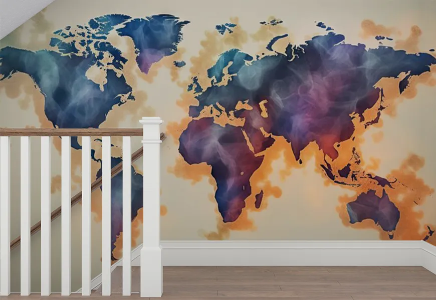 پوستر دیواری سه بعدی طرح نقشه جهان با پس زمینه دود